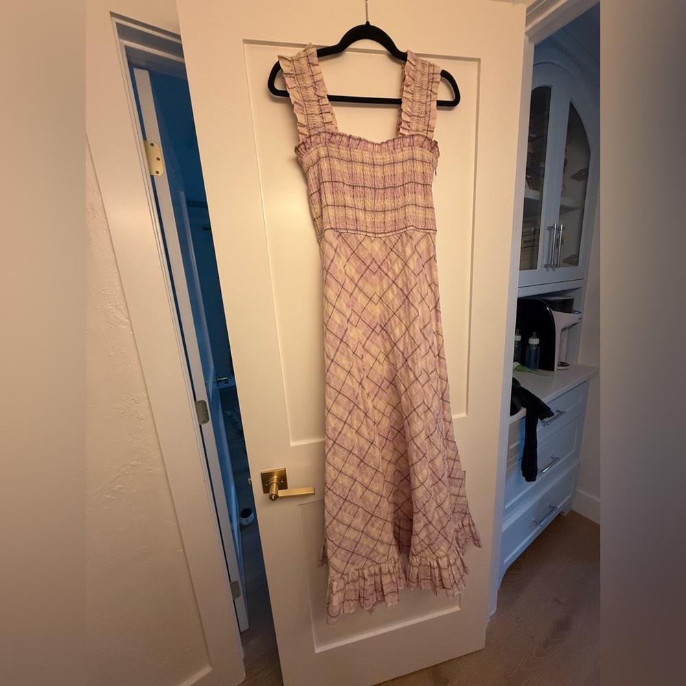 Ganni Lavender Plaid Smocked Maxi Dress